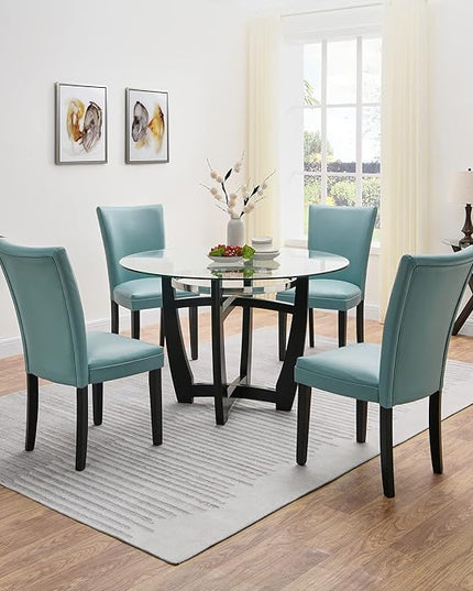 PADMA HOUSE Round Glass Dining Table Set for 2, 45in Modern Kitchen Small Wood Dinner Table with 2 Parsons Leather Dining Chairs 3 Piece Dining Room Table Chair Set, Clear&Light Blue