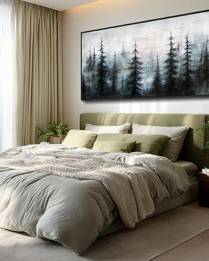 XIGUANGART Black Framed Canvas Wall Art Misty Forest Landscape Pictures Nature Farmhouse Abstract Watercolour Painting Wall Decor Living Room, Bedroom Bathroom Home Office Mural Decorations Artwork