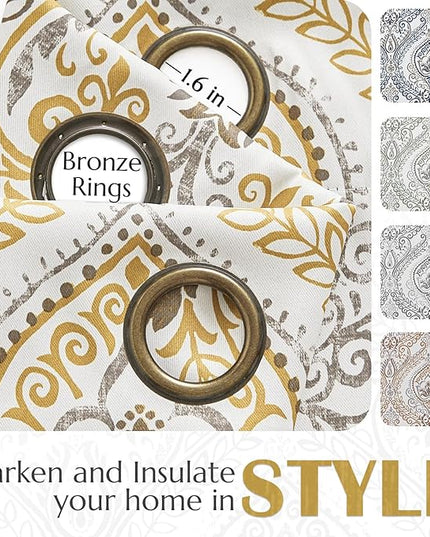 jinchan Blackout Curtains 96 Inches Long Yellow Damask Medallion Window Curtains for Bedroom Grommet Thermal Insulated Drapes for Living Room Vintage Luxury Window Treatments Set 2 Panels