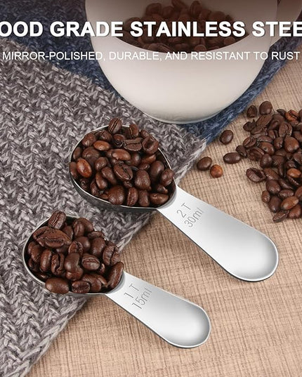 Coffee Scoop Set, Tablespoon Scoop 2 Pc Set (1 Tbsp & 2 Tbsp), Stainless Steel Measuring Spoons for Ground Coffee with Short Handles, for Tea, Sugar, or Flour