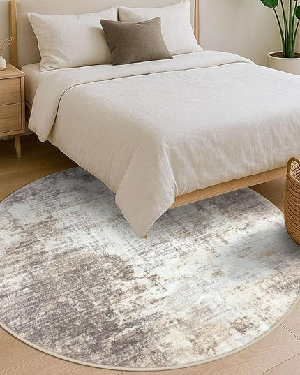 IOHOUZE Abstract Round Area Rug 6 Ft Washable Circle Rugs Large Round Rug Non Slip Thin Soft Circle Rugs, Printed Faux Wool Floor Carpet for Bedroom Living Room Dining Room Nursery, Beige Brown