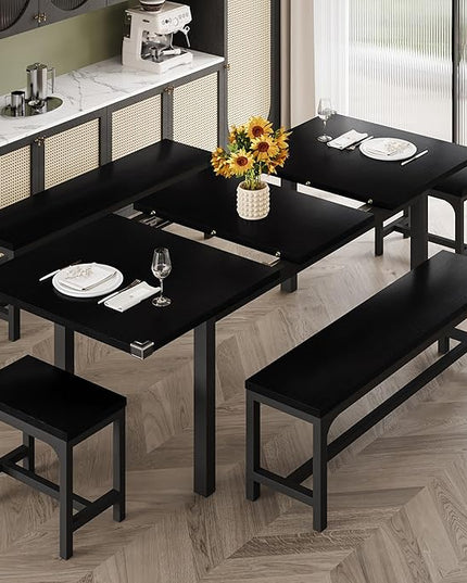 iPormis Dining Table Set for 4-8 People, Extendable Kitchen Table with 2 Benches and 2 Square Stools, Classic Black Dining Room Table with Stable Metal Base, Space Saving