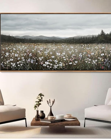 HGUAOA Vintage Landscape Wall Art for Bedroom and Living Room - Large Floral Artworks Farmhouse Wall Decor - Framed Neutral Nature Pictures - Above Bed Wall Decor with Mountain Scenery 24×48IN