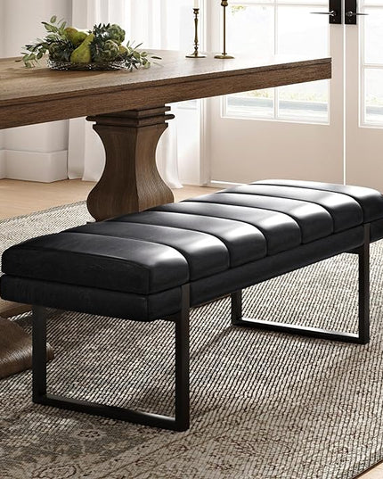 HULALA HOME 53" Faux Leather Entryway Bench, Button Tufted End of Bed Bench Ottoman for Bedroom, Living Room with Metal Base,Black