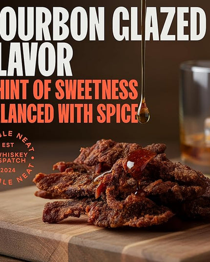 Double Neat Barrel Pick Beef Jerky, Bourbon Glazed, Sweet and Smokey, Gluten-Free, Whiskey-Infused, High-Protein, Healthy Snacks - 2 Ounces Each, Pack of 3