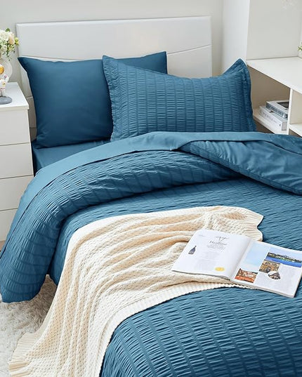 HYMOKEGE Teal Twin XL Comforter Set Seersucker 5 Pieces, All Season Luxury Bed in a Bag for Bedroom, Bedding Set with Comforter, Sheets, Pillowcase & Sham