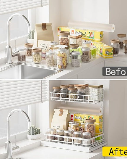 Under Sink Organizer, Adjustable Height Pull-Out Kitchen Storage Organization,15.8" x 11.8" x 16.5", 2-Tier Kitchen Shelf, Bathroom Drawer Organizer, 2 Pack|White