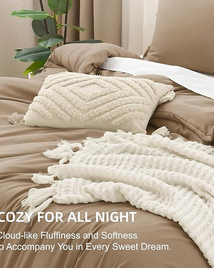 Litanika Comforters Taupe Super King Plus Size, 3 Pieces Lightweight Solid Bedding Set & Collections, All Season Fluffy Bed Set (128x120In Comforter & 2 Pillowcases)