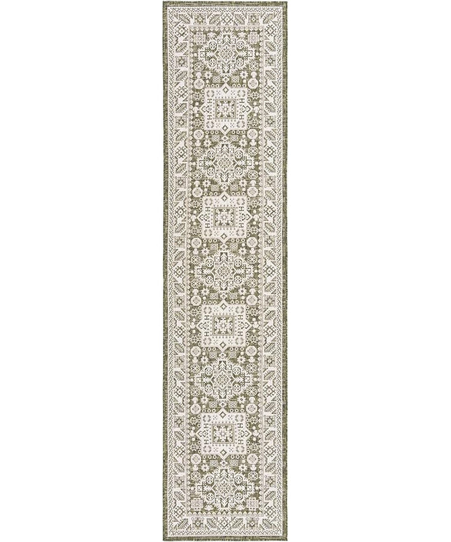 Rugs.com Outdoor Aztec Collection Rug – 12 Ft Runner Green Flatweave Rug Perfect for Hallways, Entryways