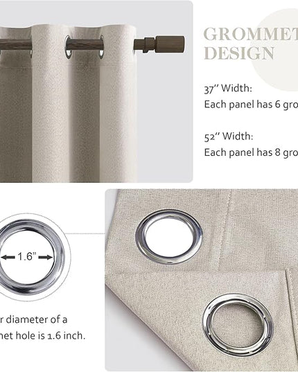 100% Blackout Natural Linen Curtains 108 Inches Long, Noise Reduction Lightweight Grommet 9 FT Curtains Length for Bedroom Living Room, Natural, W52 x L108, 2 Panels