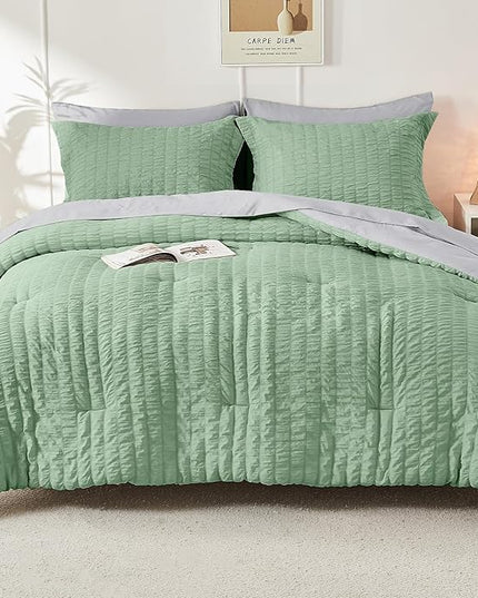 HYMOKEGE Sage Green/Light Grey Full Size Comforter Sets Seersucker 7 Pieces, All Season Luxury Bed in a Bag for Bedroom, Bedding Set with Comforter, Sheets, Pillowcases & Shams