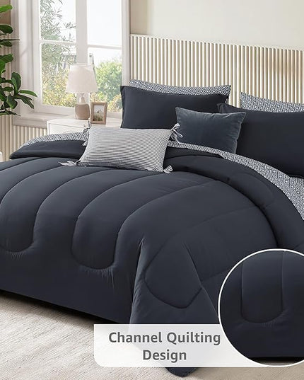 Monbix King Size Comforter Set - 7 Pieces Bed in a Bag King, Blue Grey Track Stitching Bedding Sets with Comforter, All Seasons Down Alternative Comforter Bed Set with Sheets, Pillowcases & Shams