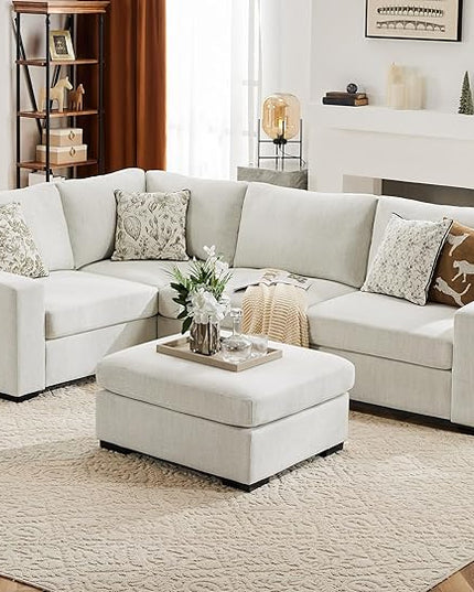 ABCASA 112" Modular Sectional Sofa, Large 5 Seater L Shaped Couch with Detachable Sofa Cover, Movable Ottoman, Deep Seat Corner Couch for Living Room, Apartment - Linen Fabric, Ivory