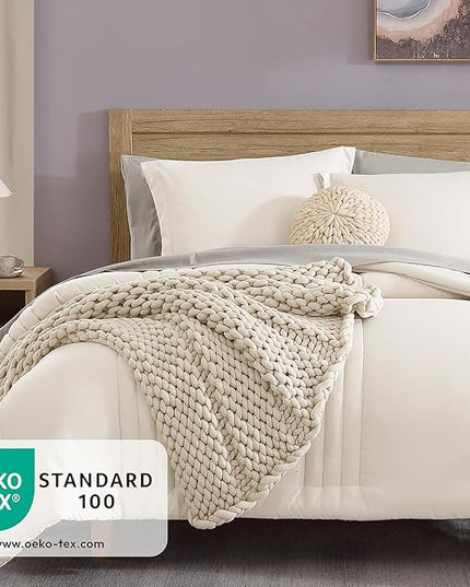 Monbix California King Size Comforter Set - 7 Pieces Bed in a Bag California King, White Bedding Sets with Comforter, All Seasons Down Alternative Comforter Bed Set with Sheets, Pillowcases & Shams