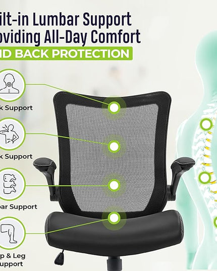 OfficeFactor Office Desk Chair, 300 lb Capacity Adjustable Desk Chair, Flip-Up Armrests, Non-Scratch Wheels, Mesh Back, Comfortable Bonded Leather seat (Black)