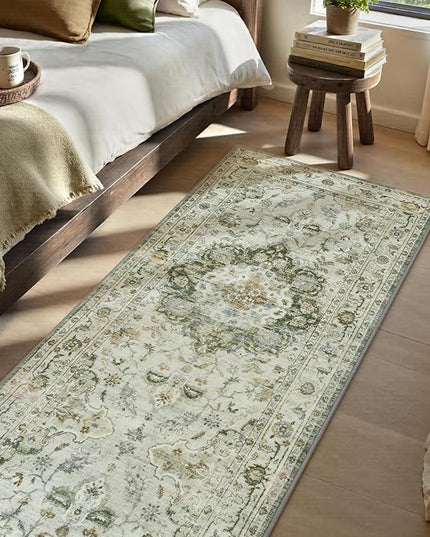 PADOOR-Vintage Runner Rug 2X10 Runners for Hallways-Soft Green Washable Bedside Rugs for Bedroom-Non Slip Long Rug for Hallways Entryway Laundry Room Stair Kitchen Bathroom