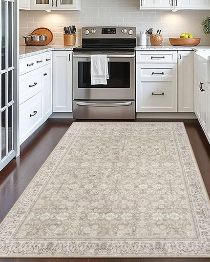 4x6 Washable Rug Cream Beige White Grey Small Area Rug for Entryway Soft Non-Slip Indoor Door Rugs Distressed Floral Low-Pile Doormat, Neutral Vintage Carpet for Entrance Kitchen Farmhouse