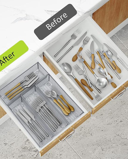 Neudeco Silverware Organizer,Mesh Drawer Organizer for Kitchen，Metal Utensil Organizer for Flatware, Knives, Spoons,Cosmetic (Silver 9 * 3 * 2 inch Pack6)