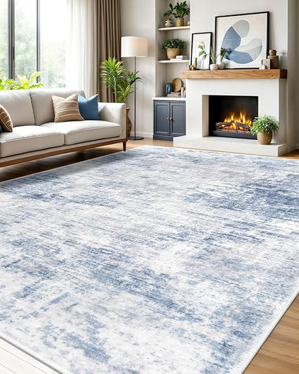 IOHOUZE Abstract Area Rugs 9x12 Ft Washable Large Rugs for Living Room, Non Slip Dining Room Rug, Printed Faux Wool Rugs for Bedroom, Floor Carpet for Office Nursery Playroom, Light Blue White