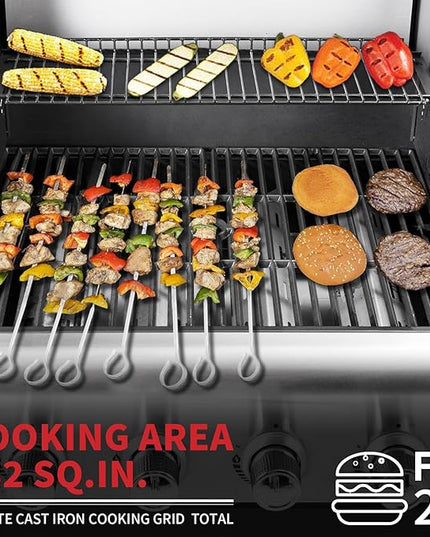 4-Burner Propane Gas BBQ Grill with Side Burner, Barbecue Gas Grill with Enameled Cast Iron Grates for Outdoor Patio Garden Barbecue, 53,000 BTU, Stainless Steel Grill Cover included
