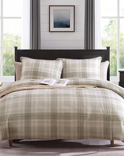 MaiRêve Plaid Twin XL Comforter Set, Khaki Green Grid Bedding Set for Boys & Girls, Classic Checkered Bed in A Bag Comforter Sets with Fitted & Flat Sheet, Pillowcase & Sham 66"x90"