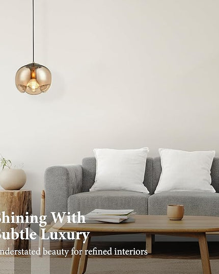 Modern Globe Pendant Light, 9"x7.5" Amber Gradient Glass Hanging Fixture with Gold Base, 15"-72" Adjustable Line, E26 Socket for Living Room, Dining Area, or Entryway – Warm Taupe Globe