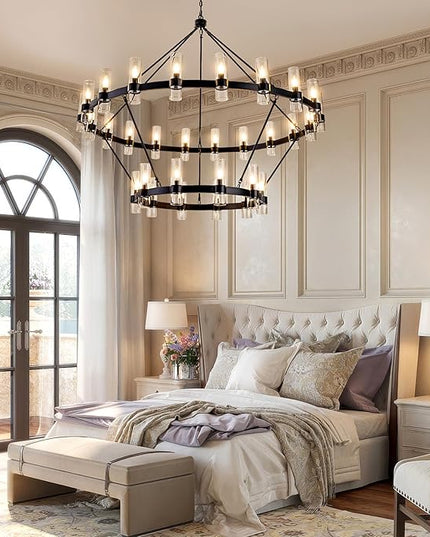 60 Inch Black Wagon Wheel Chandelier with Glass Shade, 30 Lights, 2 Tier Modern Farmhouse Chandelier, Pendant Lighting Fixture Ideal for Dining Room, Kitchen, Entryways