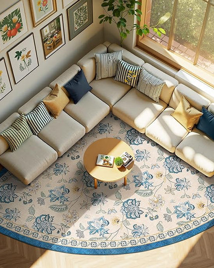 jinchan Elora Floral Corner Rug for Living Room Washable Bedroom Rug Vintage Romance Design Non Slip Quarter Circle Lightweight Low-Pile Throw Carpet for Reading Nook Playroom, 7ft Radius, Blue/Beige
