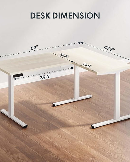 SANODESK L Shaped Standing Desk Adjustable Height, Electric Corner Standing Desk, 63 x 48 inch Sit Stand Computer Table with Splice Board, Maple