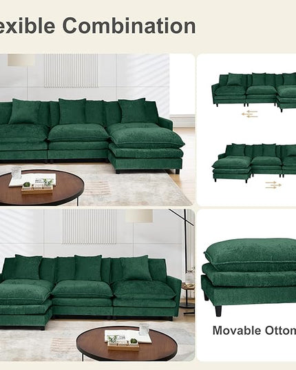 Modular Sectional Sofa,Modern Sofa Sleeper Couch,3 Seat & 1 Ottoman,Comfy Cloud Couches Soft Chenille Sofa Set with Movable Ottoman Deep Seat Sofa for Living Room (Green, L Shaped)