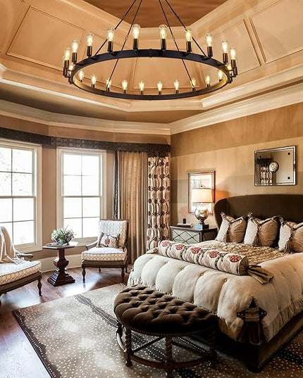 TOCHIC 60 Inch Large Black Chandelier, Modern Farmhouse Wagon Wheel Chandeliers 22-Light Industrial Round Chandelier Light Fixture for High Ceiling Dining Living Room Bedroom, Hallway, Entryway, Foyer