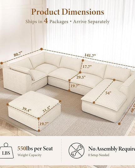 Vesgantti 141.7" Oversized Sectional Boneless Couch, 7 Seater Modular Sofa with Chaise & Ottoman & Armrest, Deep Seat Plush Corduroy Cloud Couches for Living Room, No Assembly Required, Beige