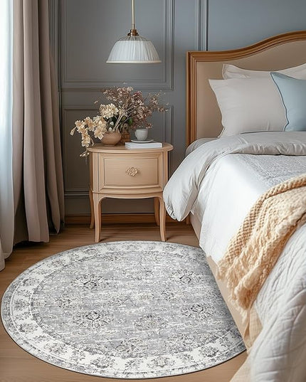 jinchan Fiora Round Rug 5ft Area Rugs Vintage Floral Distressed Design - Machine Washable Non-Slip Low-Pile Ultra-Thin Circle Rug for Entryway Bedside Living Room Dining Room Bedroom (5' Round, Grey)