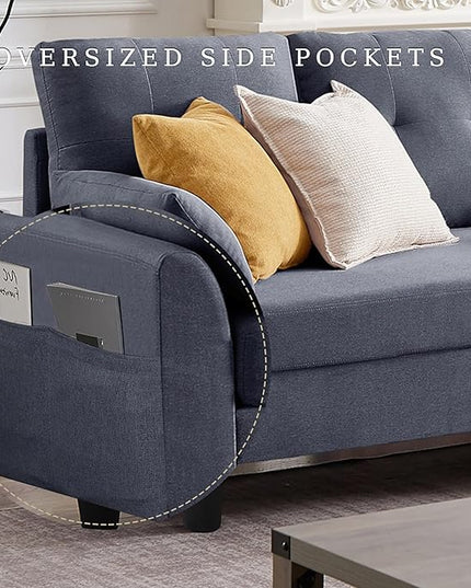 Convertible Sectional Sofa, Modern L Shaped Couch,Linen Fabric 4-Seat Sofa Set with Storage Ottoman and Coffee Table for Living Room,Light Gray