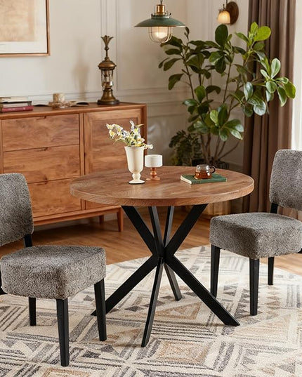3 Piece Dining Table Set,Small 37" Round Kitchen Table Set for 2, Mid Century Modern Circle Coffee Set for Dining Room Kitchen Apartment, Space Saving (Wooden Table + 2 Grey Chairs)