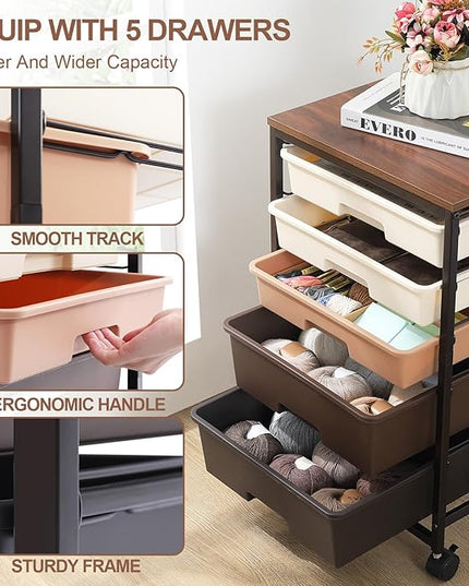 Utility Cart with 5 Drawers,Storage Drawer Cart with Wooden Tabletop and Lockable Wheels,Craft Storage Trolley Cart,5-Tier Rolling Utility Cart on Wheels,Dark Brown