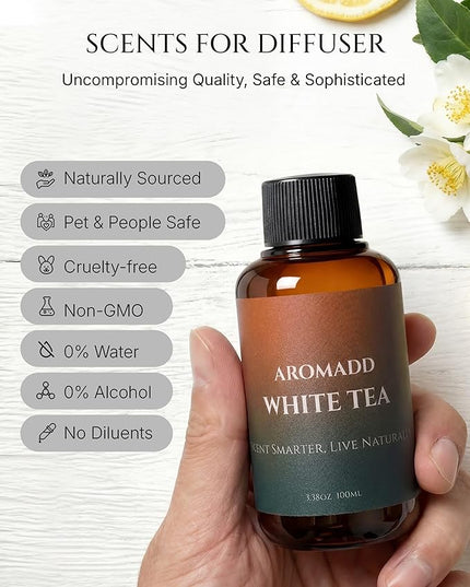 Aromadd White Tea Diffuser Oil Inspired by Luxury Hotel Scent, Essential Oils for Waterless Diffuser, White Tea & Bergamot, Long-Lasting & Natural Home Fragrance - 3.38 fl oz (100 mL)