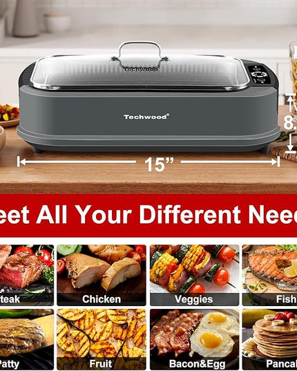Techwood Indoor Grill Smokeless Grill, 1500W Indoor Korean BBQ Electric Tabletop Grill with Tempered Glass Lid, Removable Grill and Griddle Plates with Drip Tray, Gray