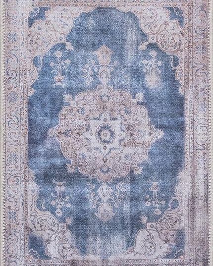 GLN Rugs Traditional Collection - Machine Washable Area Rug, Traditional Washable, Non Slip, Low Pile Chenille Rug, Living Room, Bedroom, Kitchen Rug (2'6"x6'6" Cream/Navy)