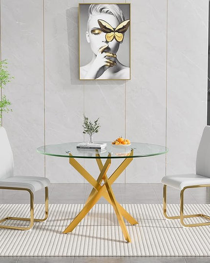 HomVent 3 Piece Round Glass Dining Table Set, Round Glass Kitchen Table Set for 2 with 2 PU Upholstered Dining Chairs for Kitchen Dining Room