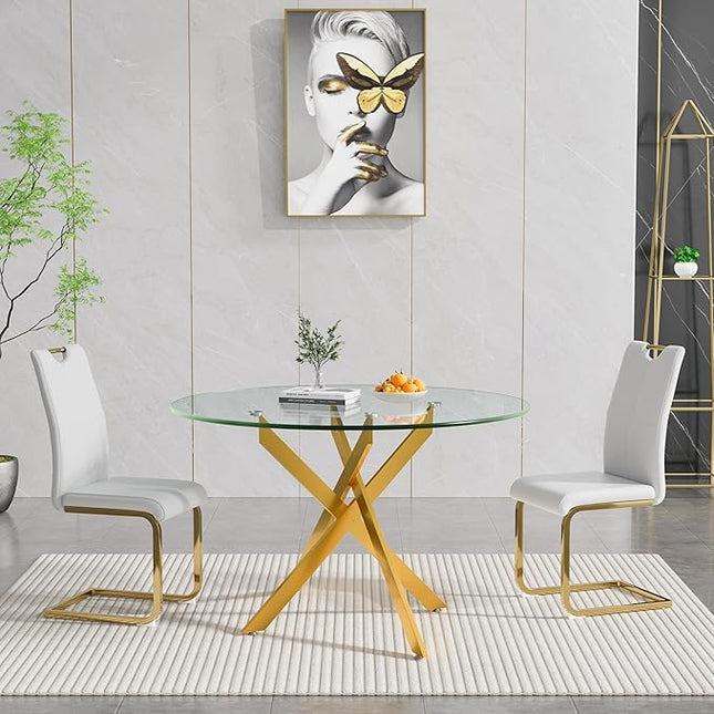 HomVent 3 Piece Round Glass Dining Table Set, Round Glass Kitchen Table Set for 2 with 2 PU Upholstered Dining Chairs for Kitchen Dining Room