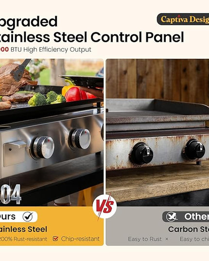 Captiva Designs 27 in Flat Top Griddle Grill with Ceramic Coated Cast Iron Pan, 3-Burner Propane Gas Griddle Grill, 33,000 BTU Output Flattop Grills for Outdoor Barbecue, Cooking and Party