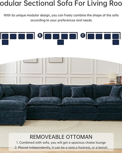 Modular Sectional Sofa, 147.2 Inch L Shaped Couch Set with Armrests, 4-Seater Comfy Cloud Couches with Movable Ottoman for Living Room Apartment, Blue