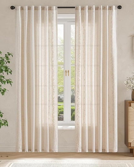 jinchan Winslow Linen Curtains for Living Room Floral Curtains 84 Inch Length Ivory Embroidered Bordered for Sitting Room Farmhouse Decor Light Filtering Window Treatments Set of 4