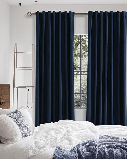 Guken Navy Blue Linen Blackout Curtains 108 Inch Length 2 Panels Set for Living Room Bedroom Back Tab Thermal Insulated 100% Black Out Linen Drapes Room Darkening Window Curtains 108 Inches Long