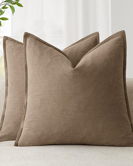 Foindtower Pack of 2, Decorative Linen Soild Throw Pillow Covers Soft Accent Cushion Case Boho Farmhouse Neutral Pillowcase for Chair Couch Sofa Bedroom Living Room Home Decor 18 x 18 Inch Light Brown