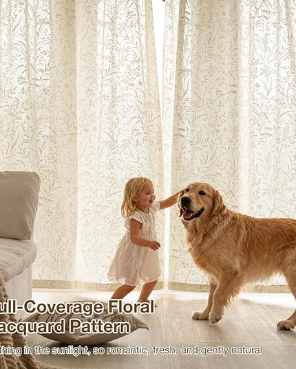 Anmao Taupe Semi Sheer Light Filtering Curtains 96 Inches Long 2 Panels, Leaf Pattern Drapes for Living Room Bedroom, Rod Pocket Sheer Window Treatments with Floral Design, 52x96 Inch