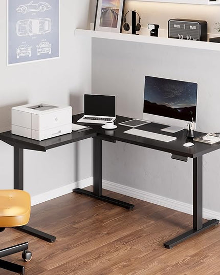 FLEXISPOT L Shaped Standing Desk, 63 x 47 Inch Electric Height Adjustable Corner Desk, Sit Stand Computer Workstation, Preset Controller, Home Office, Black Frame with Black Top