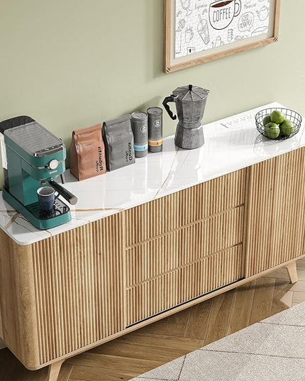 62" W Fluted Buffet Cabinet with Sliding Doors, Modern Sideboard Storage Cabinet with Power Outlet & 3 Drawers, Mid-Century Coffee Bar Table for Living Room, Dinning Room, Natural