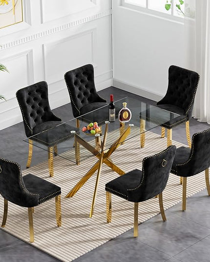 51" Glass Dining Table Set for 6, Modern Dining Room Table Set for 6, Gold X-Shape Pedestal Glass Table with 6pcs Black Dining Chairs, 7 Piece Dining Set for Dining Living Room